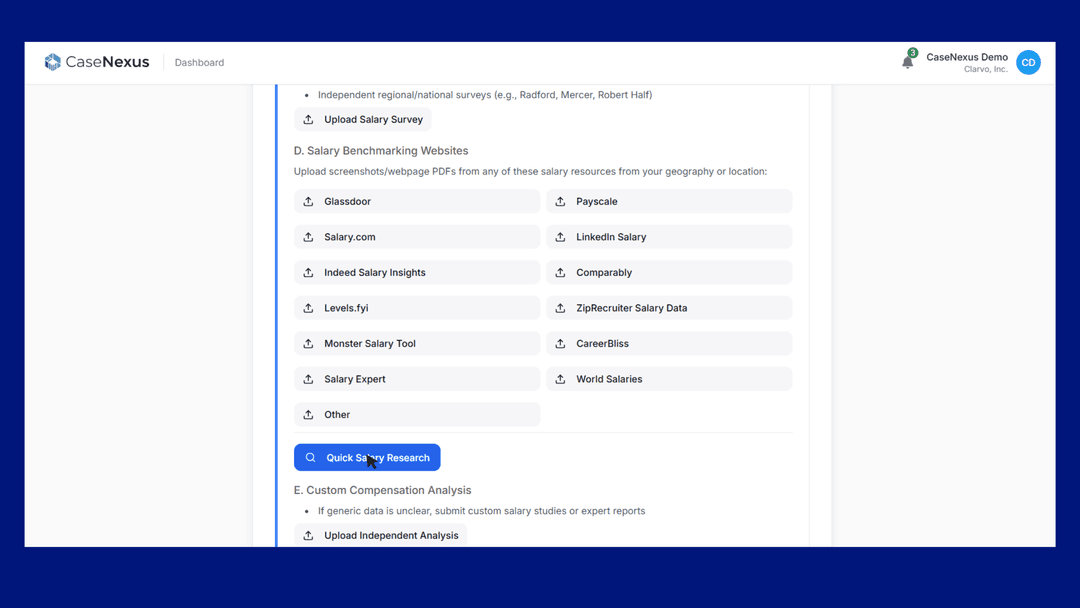 Case intake and evidence upload interface
